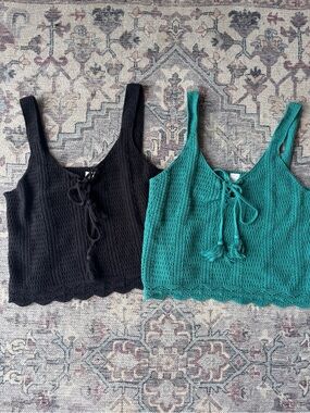 Old Navy Black and Teal Crochet Knit Tank Tops with Tie Front